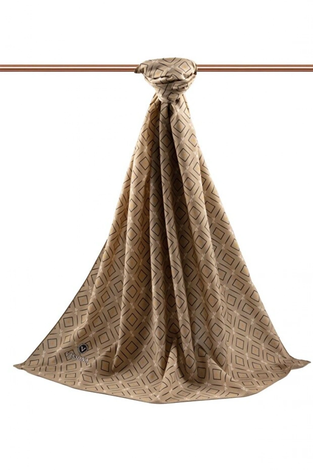 Vissona LÜKS MEDİNE İPEĞİ GEOMETRİK DESENLİ BEJ RENKLİ 75X195 KIRIŞMAZ ŞAL MOSS KREP DİKİŞ TİPİ İTALYAN DİKİ