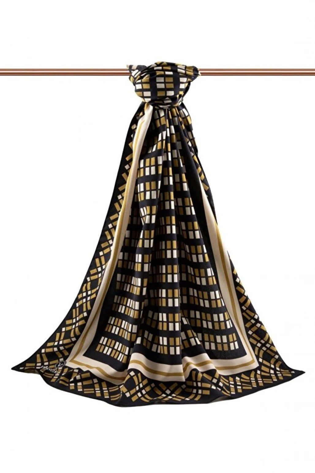 Vissona LÜKS MEDİNE İPEĞİ KARE DESENLİ GOLD RENKLİ 75X195 KIRIŞMAZ ŞAL MOSS KREP DİKİŞ TİPİ İTALYAN DİKİŞLİ