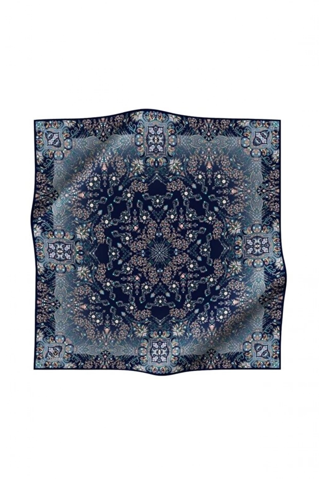 Vissona %100 Twill İpek Şal Desenli Lacivert - İndigo Renkli 90x90 Eşarp Dikim Şekli : El Dikişi