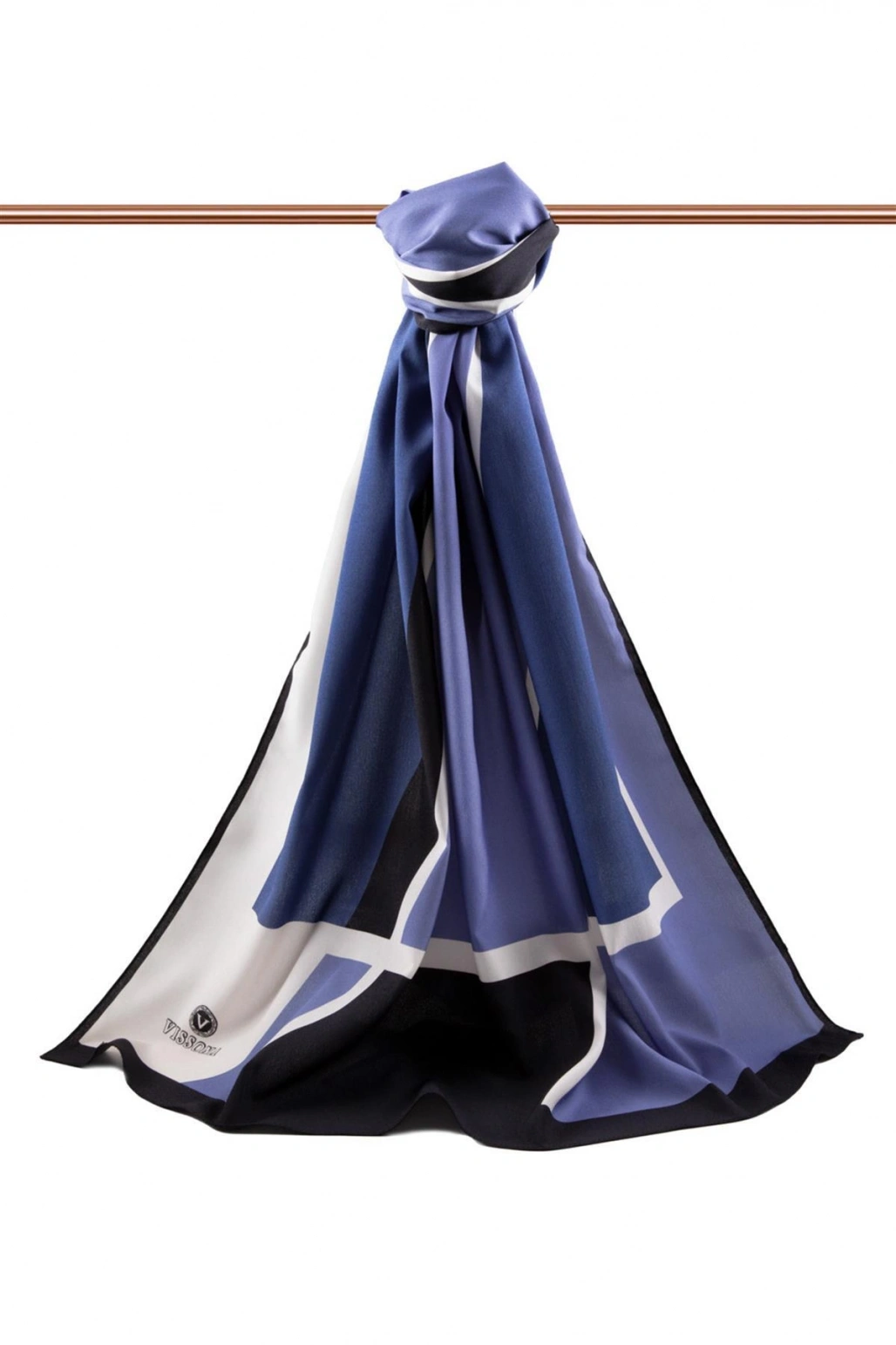 Vissona LÜKS MEDİNE İPEĞİ GEOMETRIK DESENLİ İNDİGO RENKLİ 75X195 KIRIŞMAZ ŞAL MOSS KREP DİKİŞ TİPİ İTALYAN