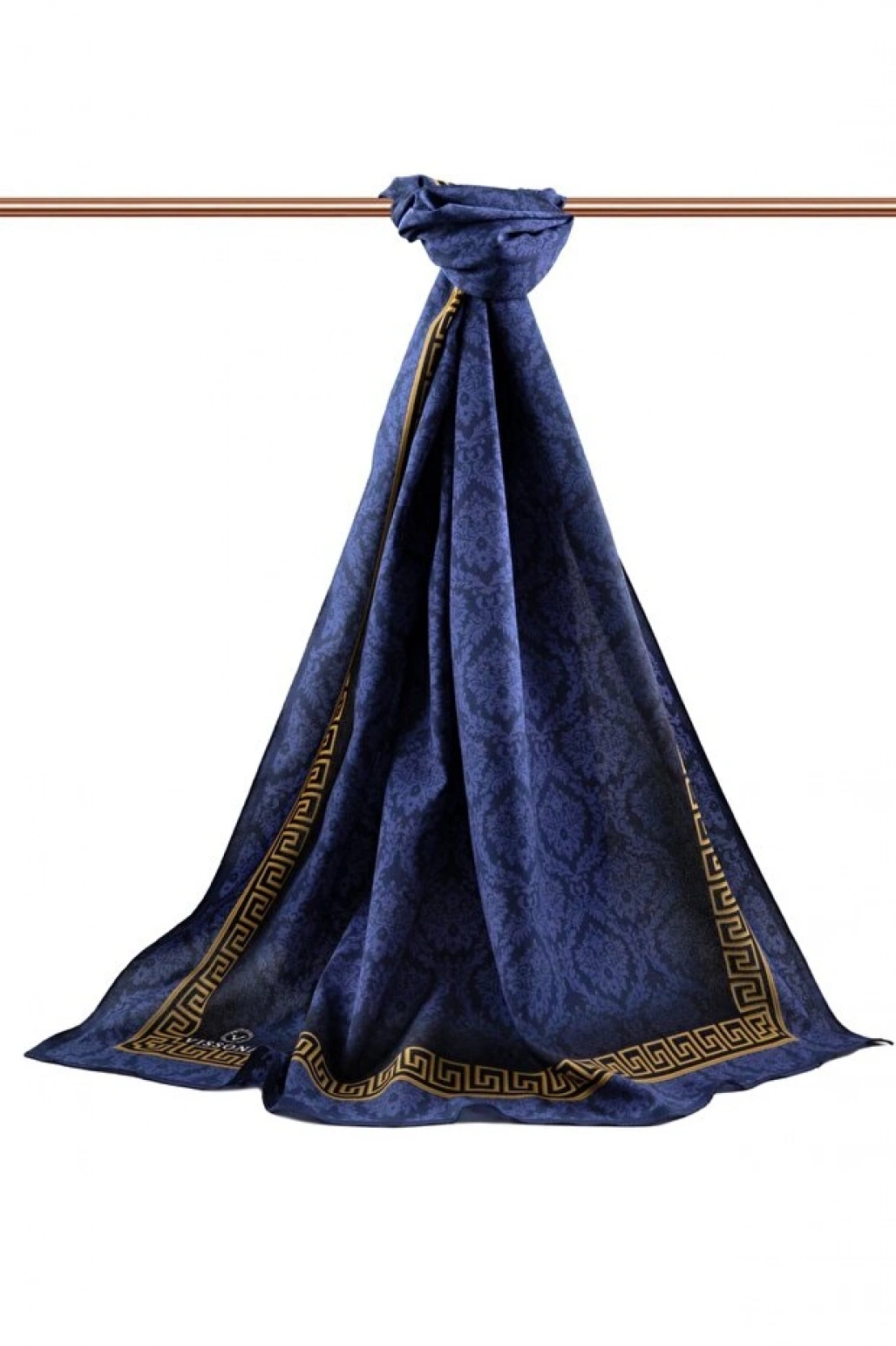Vissona LÜKS MEDİNE İPEĞİ GOLD DETAYLI BAROK DESENLİ LACİVERT RENKLİ 75X195 KIRIŞMAZ ŞAL MOSS KREP DİKİŞ TİP