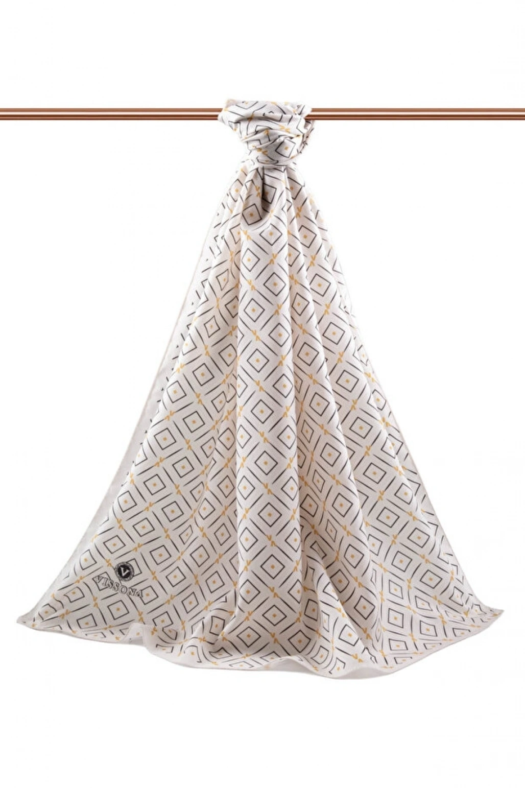 Vissona LÜKS MEDİNE İPEĞİ GEOMETRİK DESENLİ KREM RENKLİ 75X195 KIRIŞMAZ ŞAL MOSS KREP DİKİŞ TİPİ İTALYAN