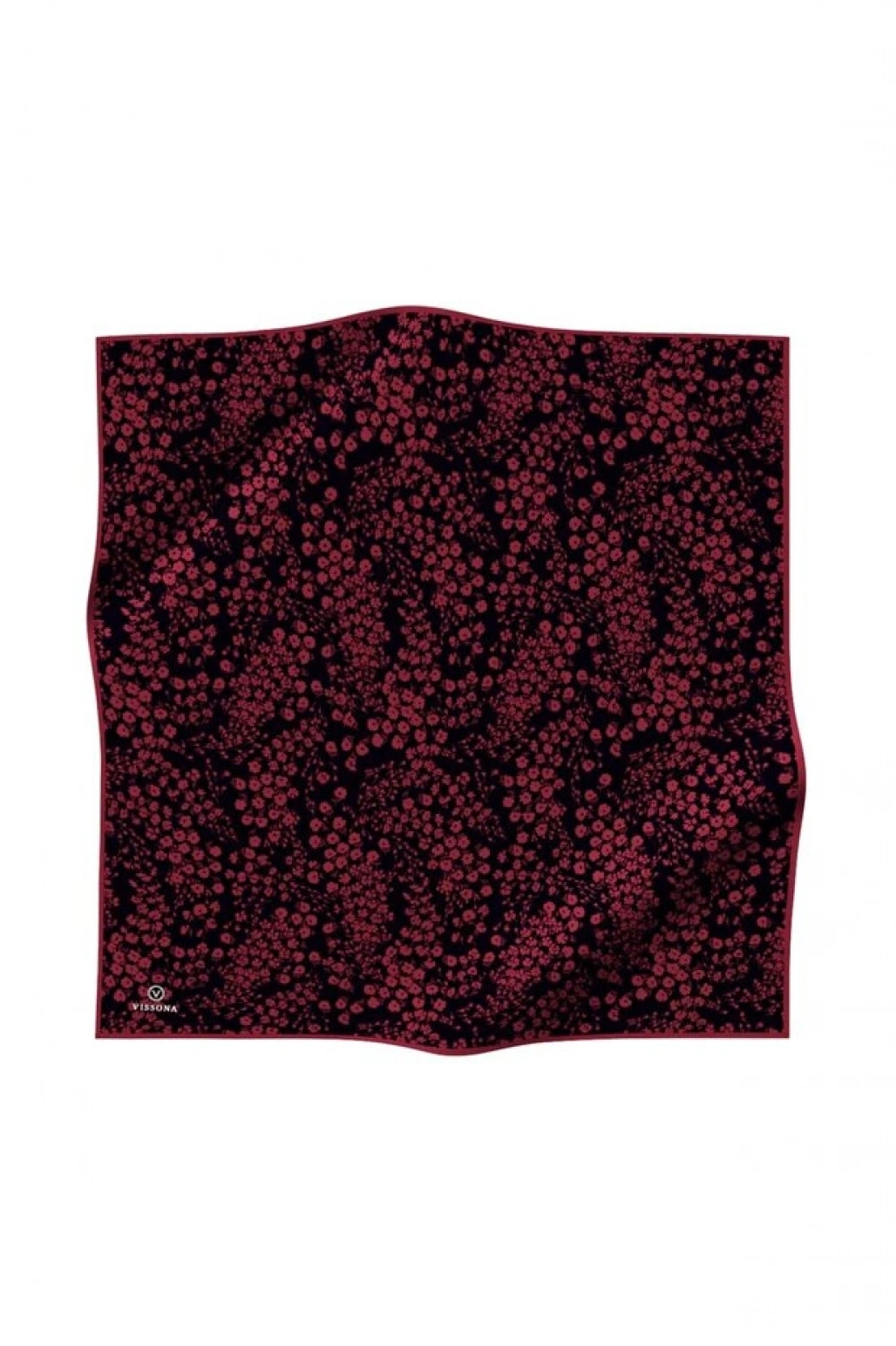 Vissona %100 Twill İpek Çıtır Çiçek Desenli Siyah - Bordo Renkli 90x90 Eşarp Dikim Şekli : El Dikişi