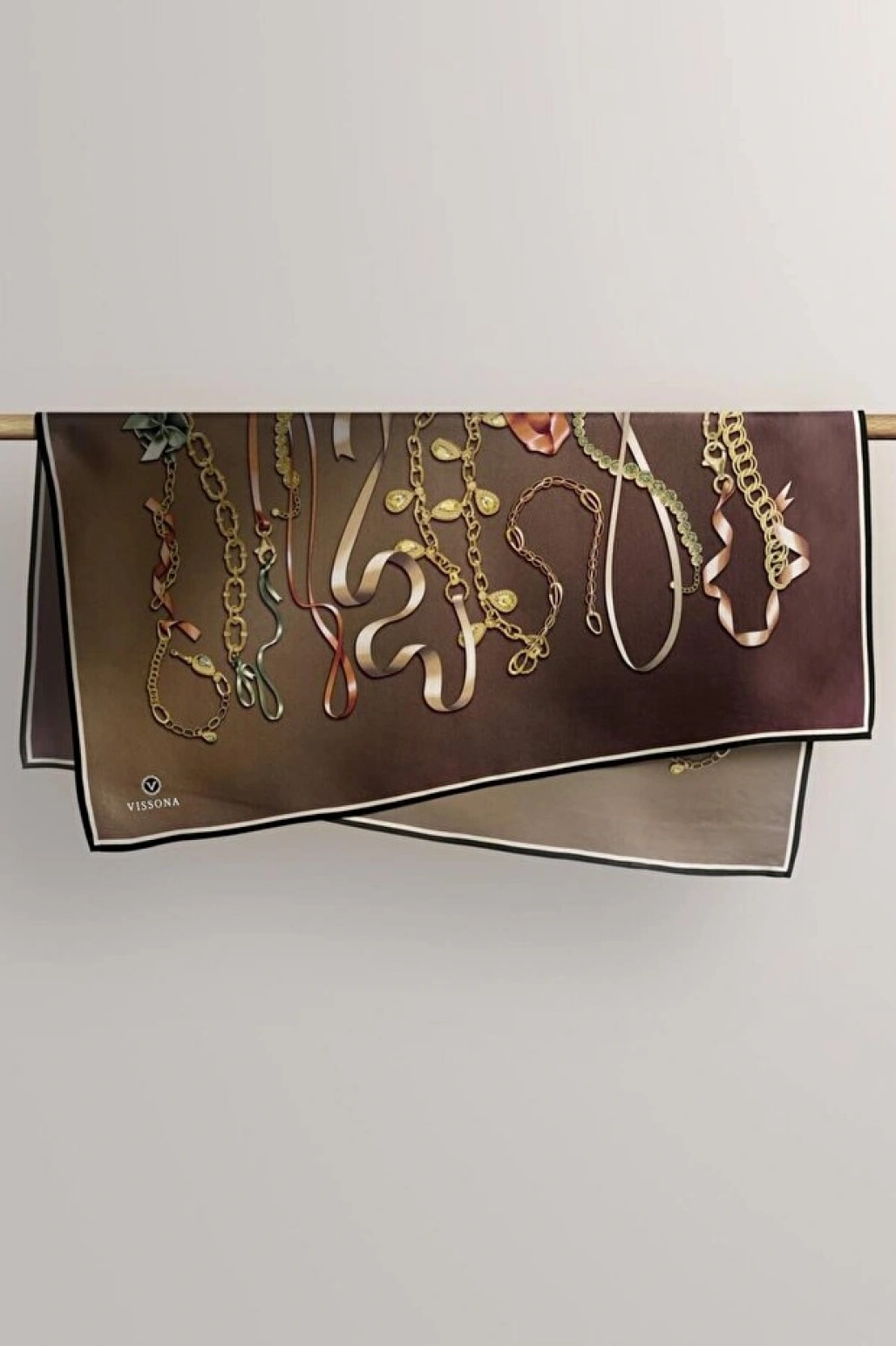 Vissona %100 Twill İpek Kurdele Ve Zincir Desenli Bakır - Turuncu Renkli 90x90 Eşarp Dikim Şekli : El Dikişi