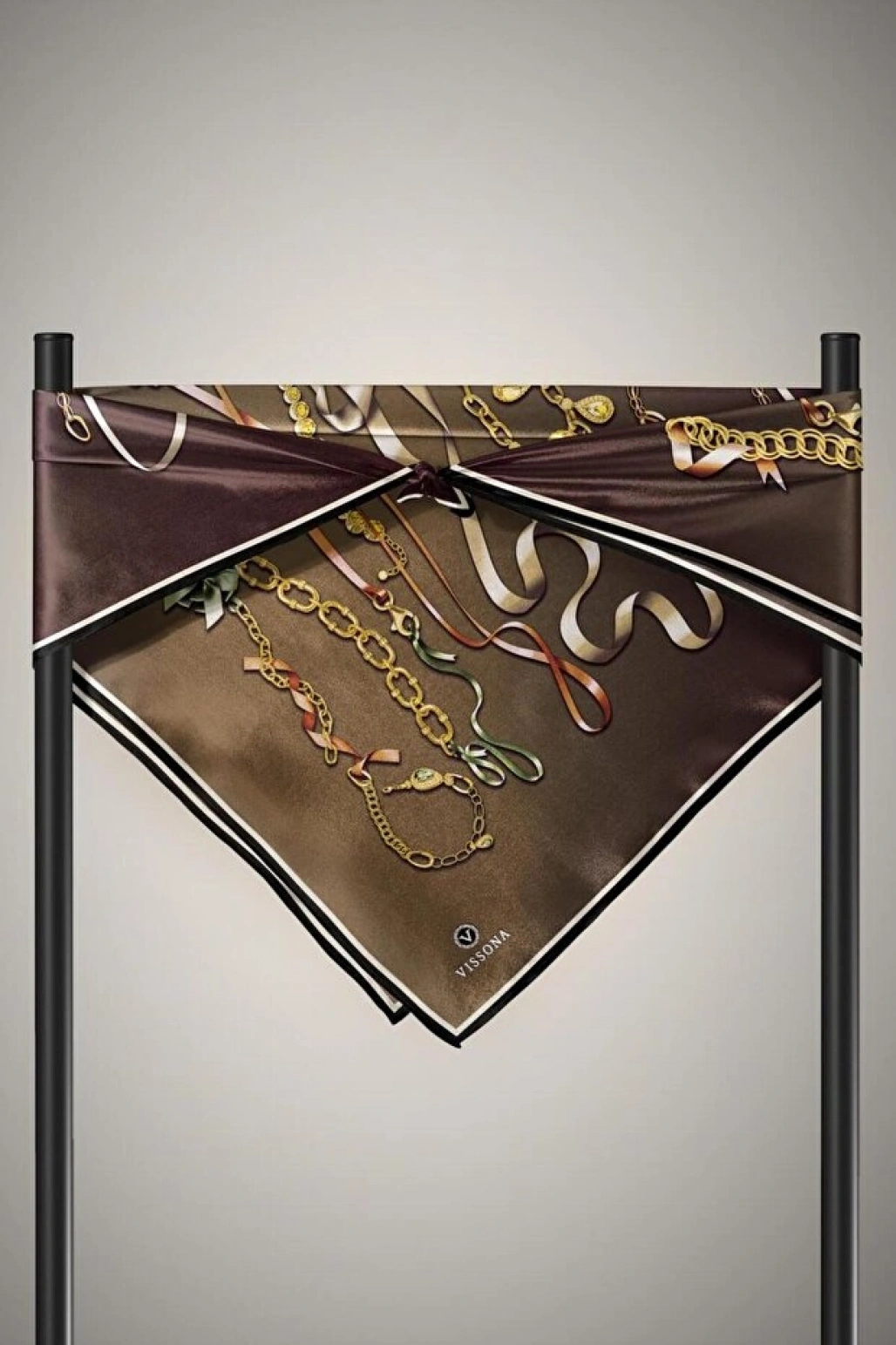 Vissona %100 Twill İpek Kurdele Ve Zincir Desenli Bakır - Turuncu Renkli 90x90 Eşarp Dikim Şekli : El Dikişi