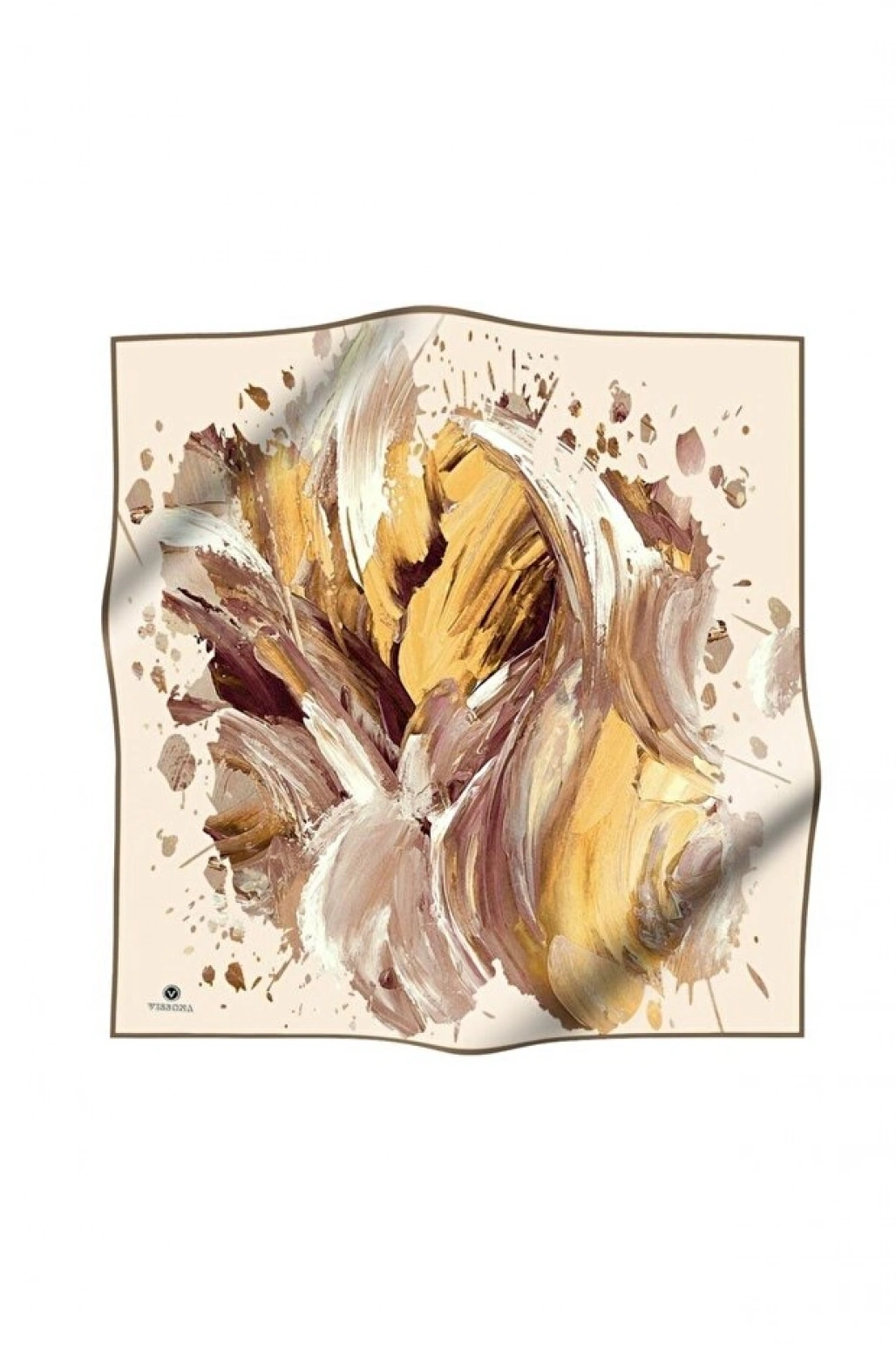 Vissona %100 Twill İpek Fırça Darbesi Desenli Hardal - Vizon Renkli 90x90 Eşarp Dikim Şekli : El Dikişi