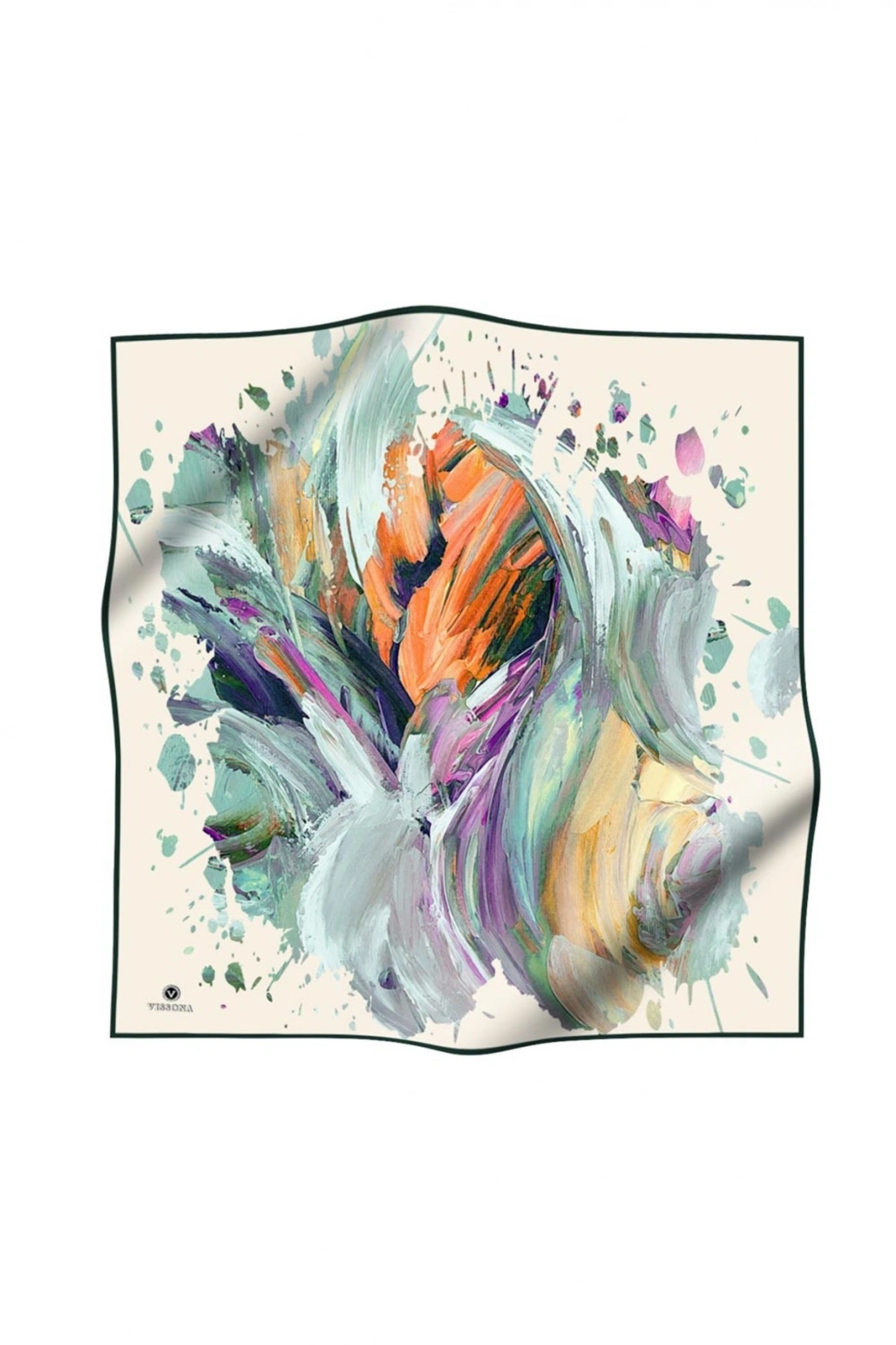 %100 Twill İpek Fırça Darbesi Desenli Su Yeşili - Turuncu Renkli 90x90 Eşarp Dikim Şekli : El Dikişi