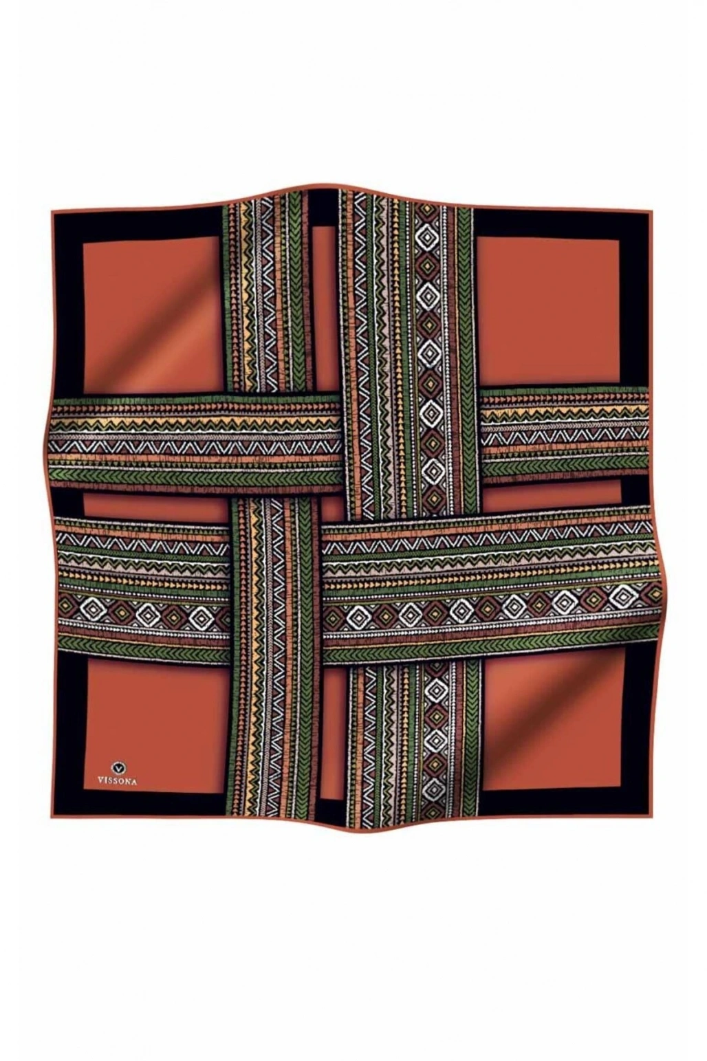 Vissona %100 Twill İpek Etnik Desenli Taba - Haki Renkli 90x90 Eşarp Dikim Şekli : El Dikişi