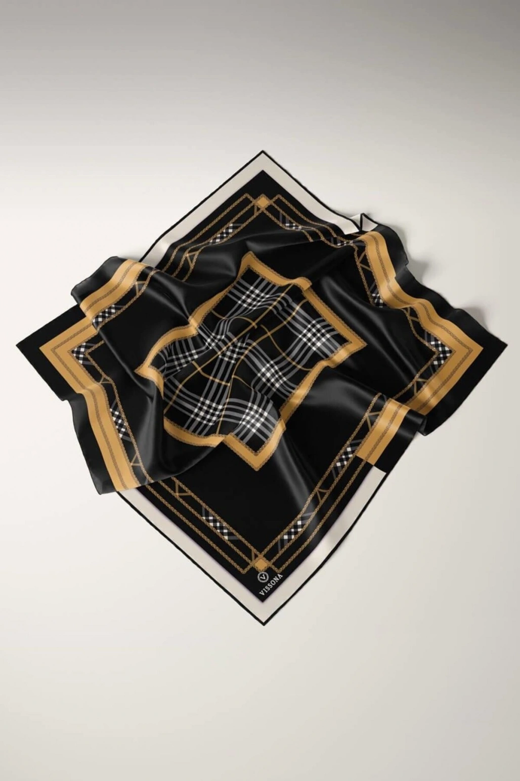 Vissona %100 Twill İpek Ekose Desenli Gold Renkli 90x90 Eşarp Dikim Şekli : El Dikişi