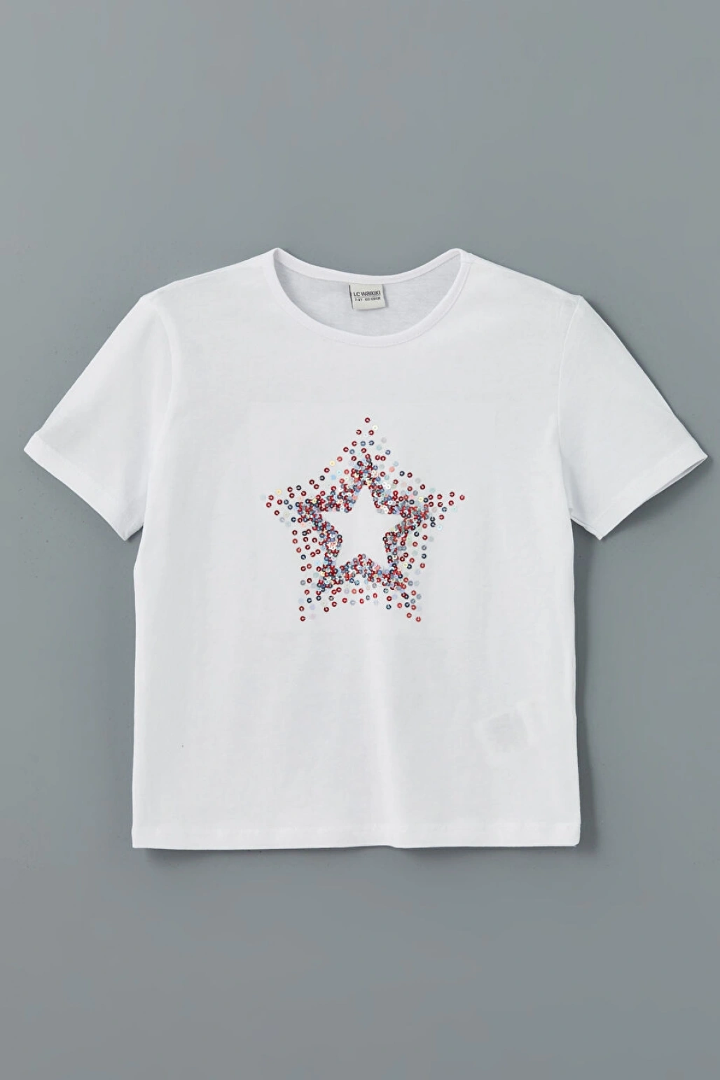 LCW Kids Beyaz Bisiklet Yaka Pul İşlemeli Kız Çocuk Tişört