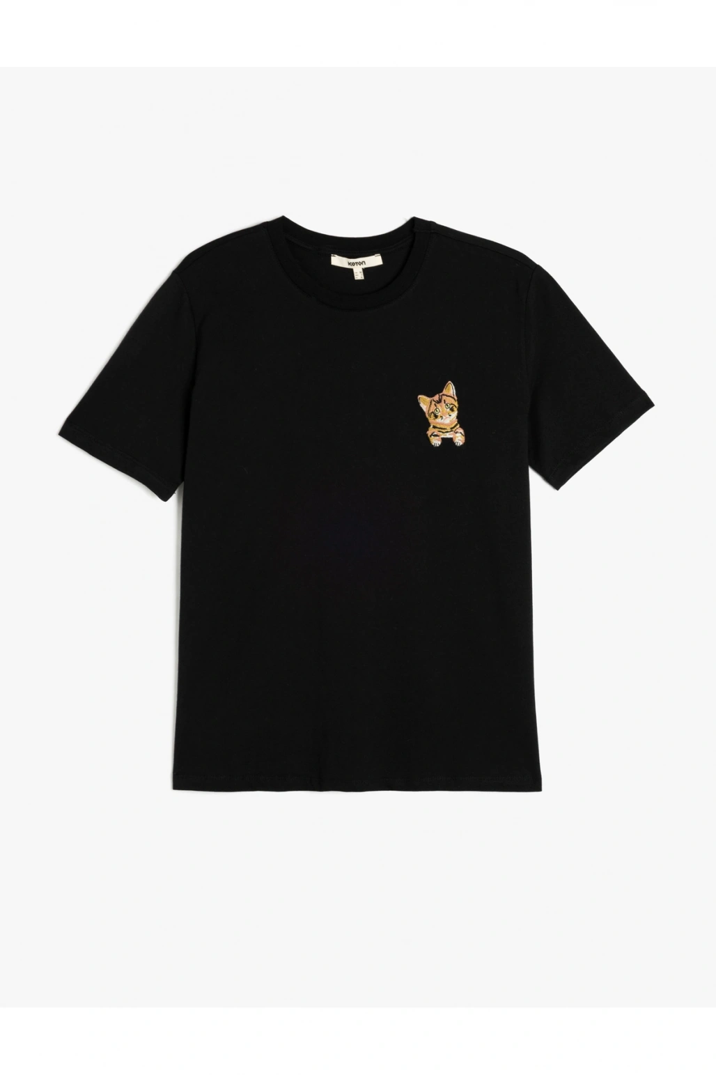 Koton Pamuklu Kedili Nakış Detaylı Kısa Kollu Bisiklet Yaka Tişört