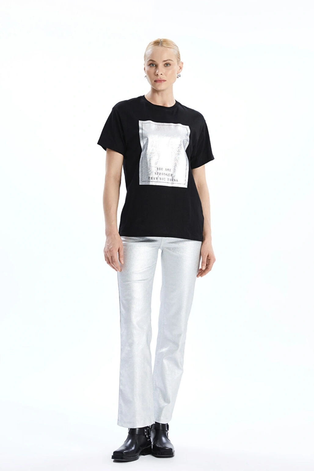 LCW Vision Siyah Bisiklet Yaka Baskılı Kadın Tişört