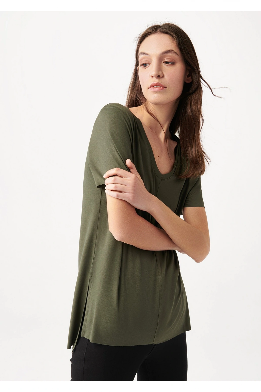 V Yaka Haki Basic Tişört Loose Fit / Bol Rahat Kesim