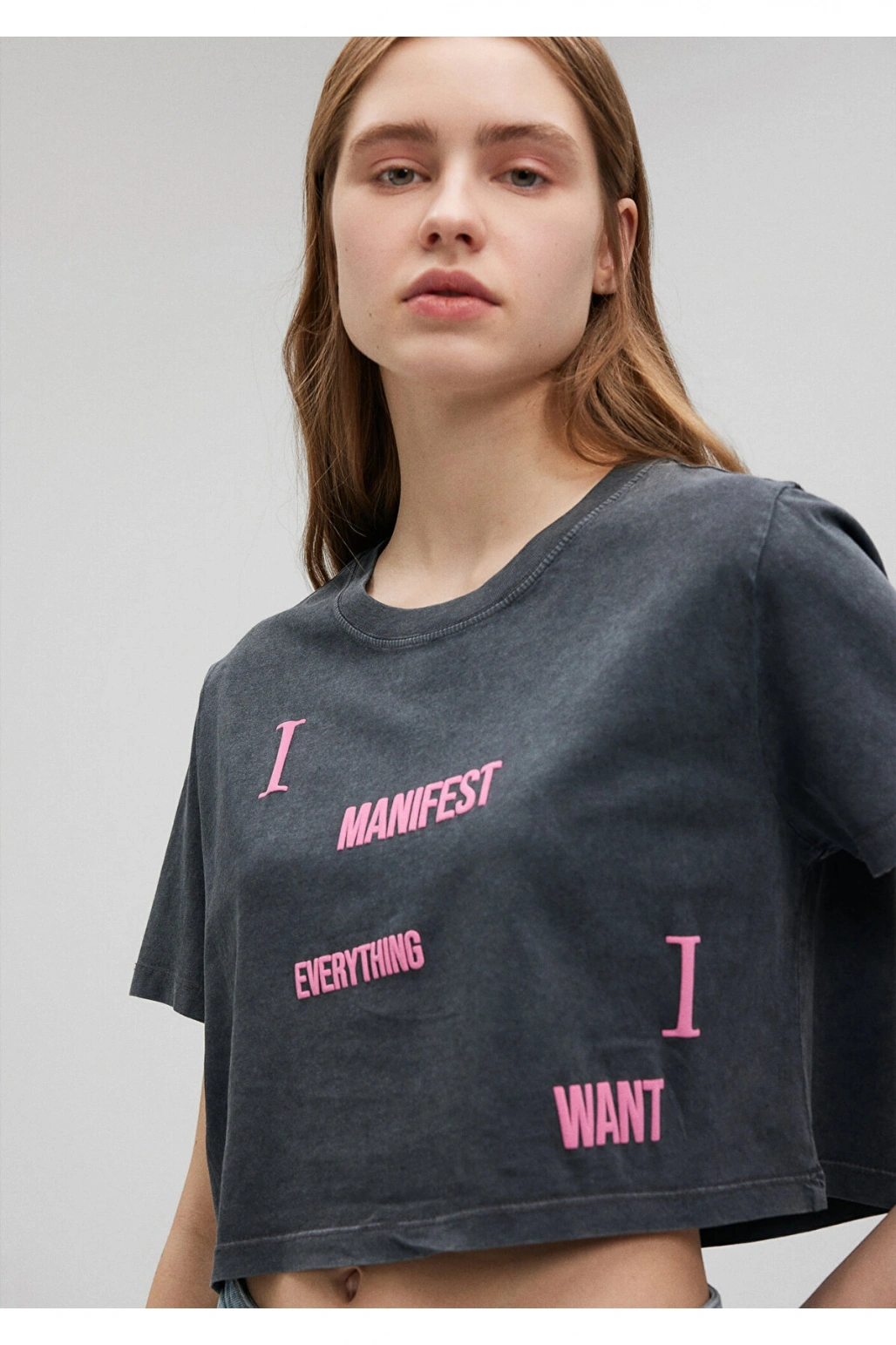 Mavi Baskılı Gri Crop Tişört Crop / Kısa Kesim