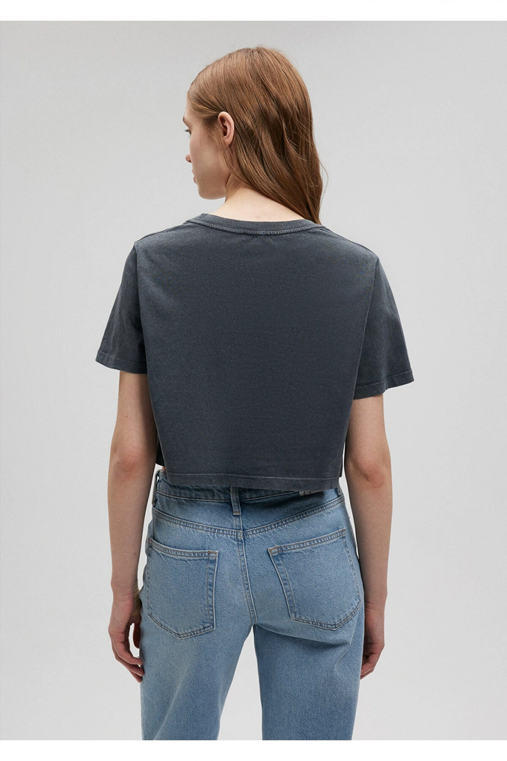 Mavi Baskılı Gri Crop Tişört Crop / Kısa Kesim