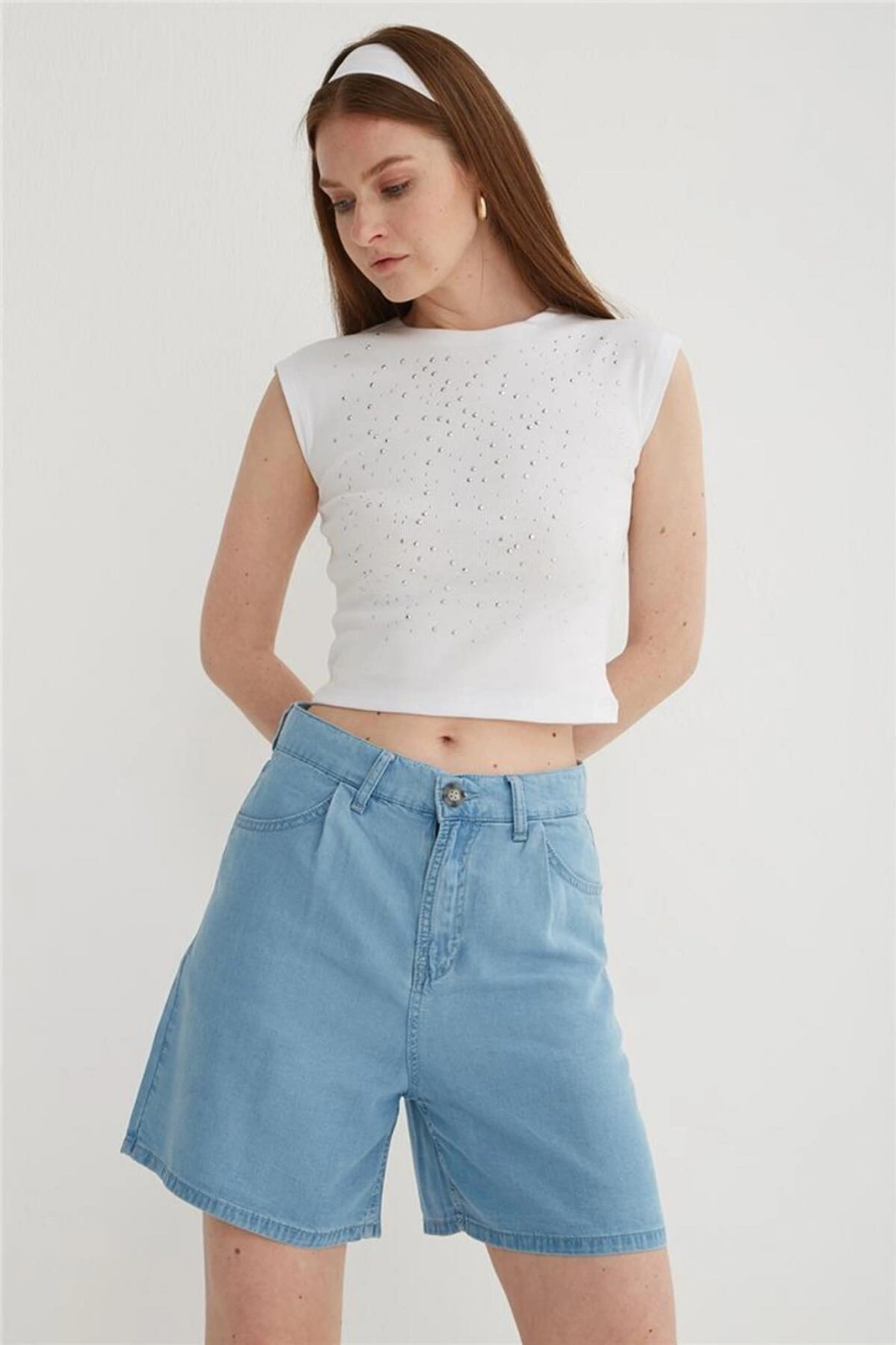 Fashion Friends Yüksel Bel Denim Şort Mavi