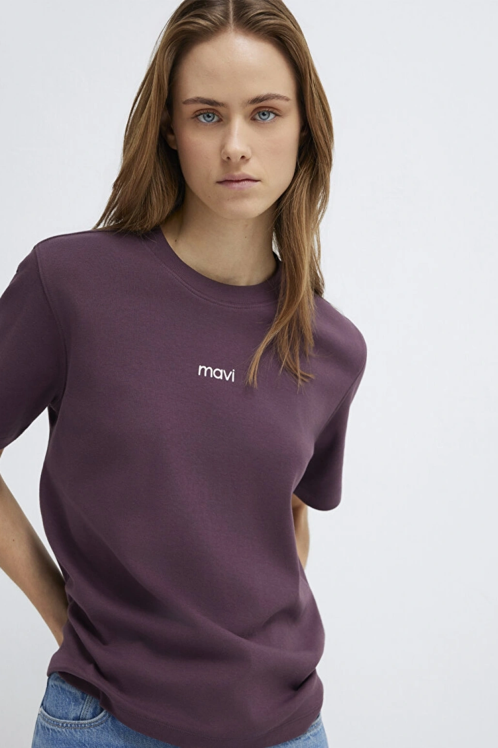 Mavi Logo Baskılı İnterlok Mor Tişört