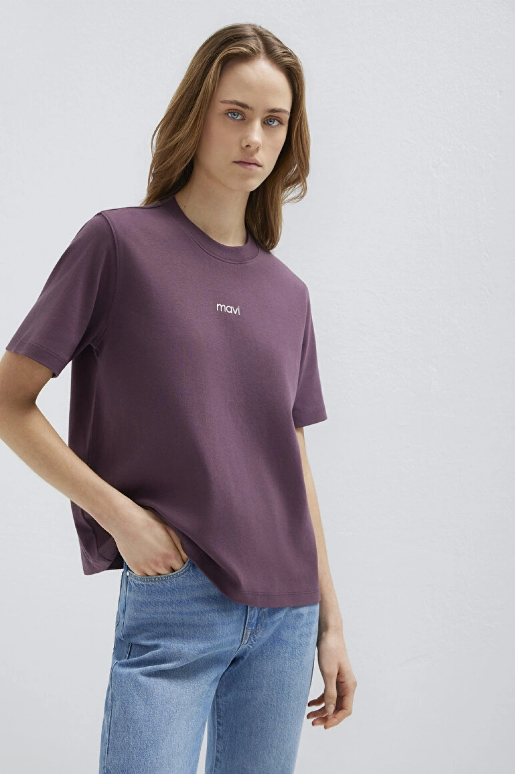 Mavi Logo Baskılı İnterlok Mor Tişört