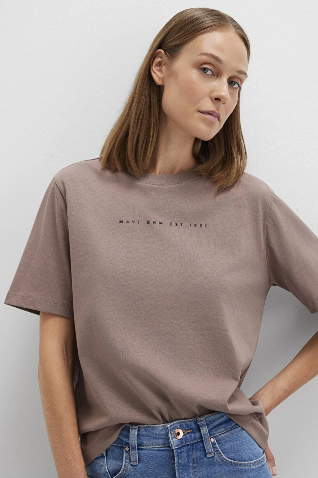 Mavi Baskılı Kahverengi Tişört Regular Fit / Normal Kesim