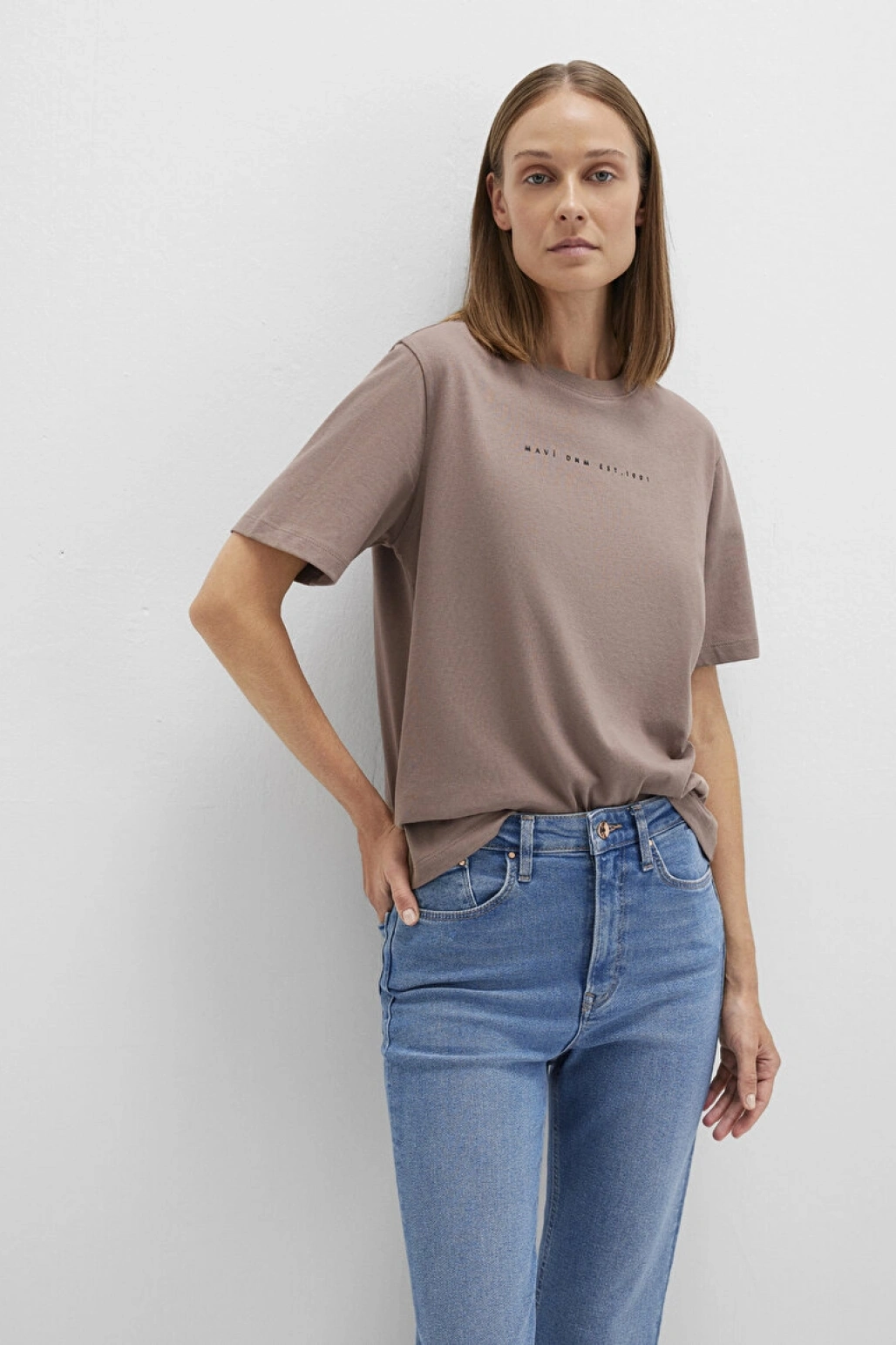 Mavi Baskılı Kahverengi Tişört Regular Fit / Normal Kesim