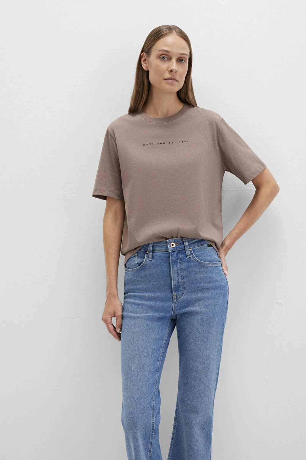 Mavi Baskılı Kahverengi Tişört Regular Fit / Normal Kesim