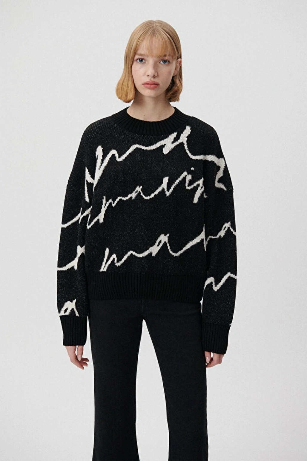 MAVİ Bisiklet Yaka Desenli Kazak Siyah