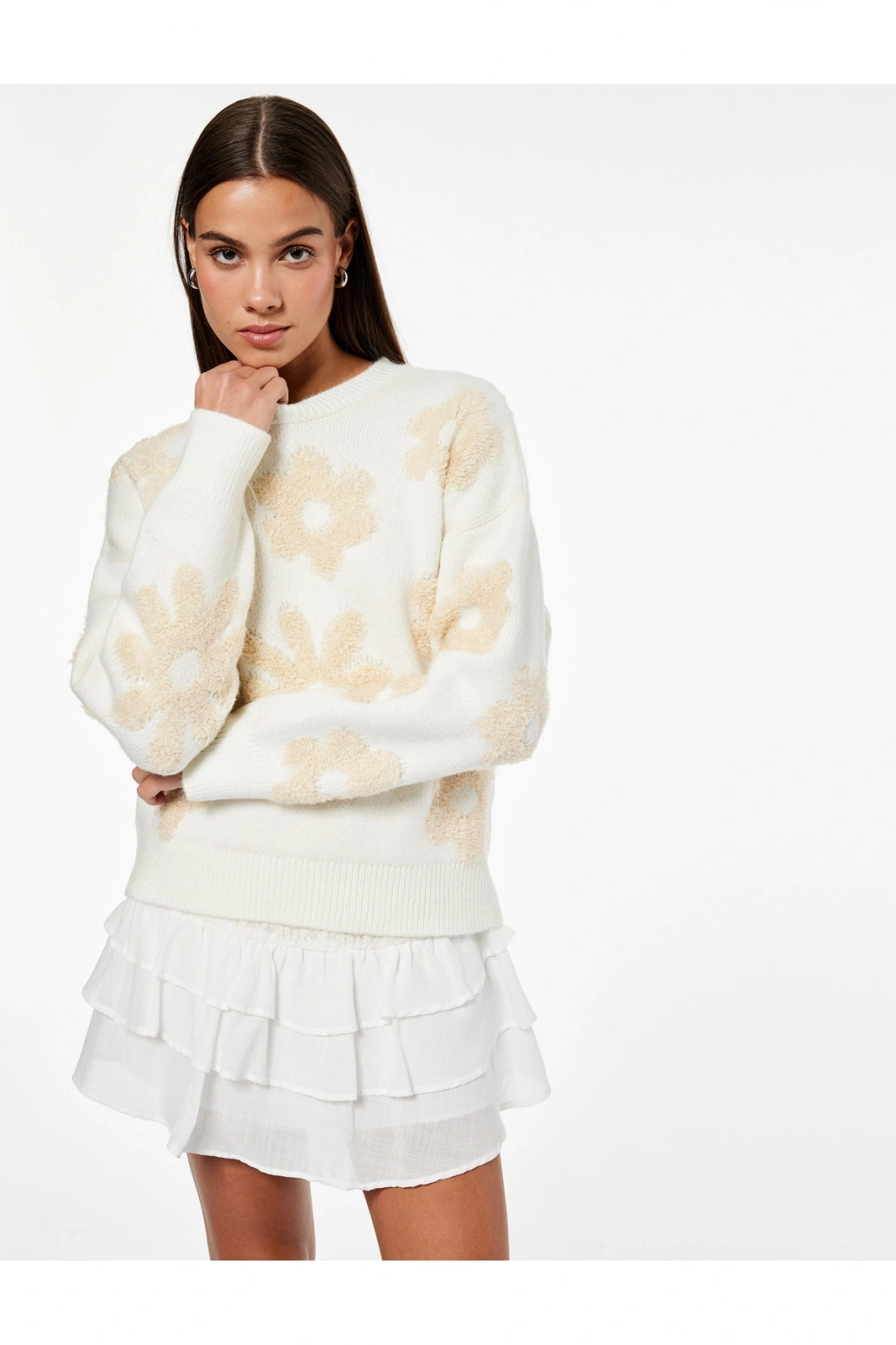 Koton Uzun Kollu Bisiklet Yaka Çiçek İşlemeli Triko Kazak