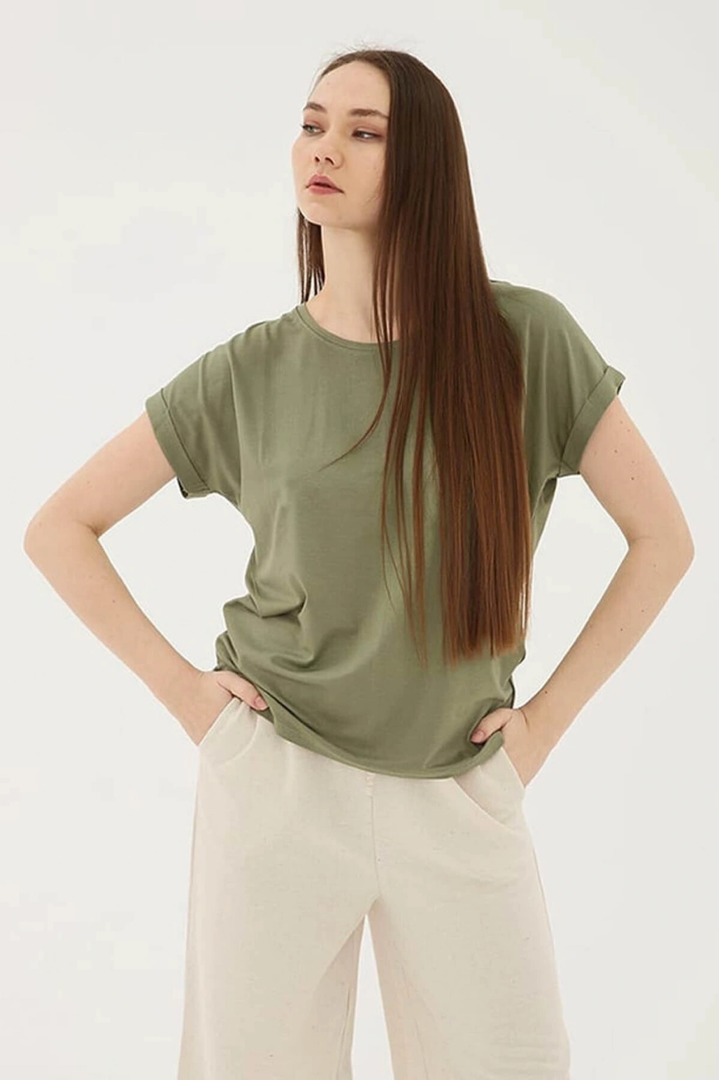 Fashion Friends Bisiklet Yaka Dökümlü Viskon Haki Kadın T-Shirt