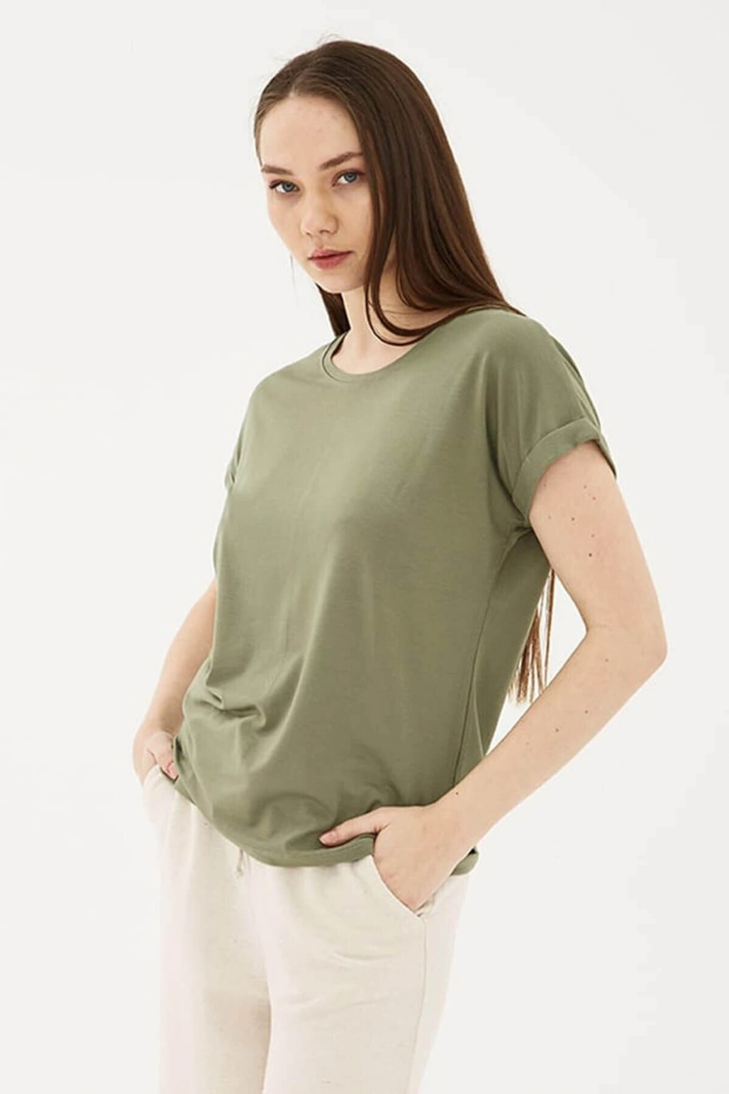 Fashion Friends Bisiklet Yaka Dökümlü Viskon Haki Kadın T-Shirt