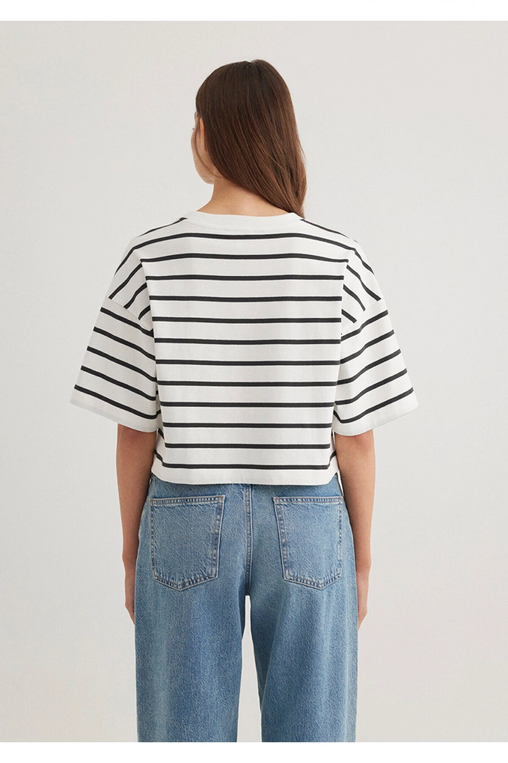 Mavi Logo Baskılı Siyah Çizgili Crop Tişört Crop / Kısa Kesim