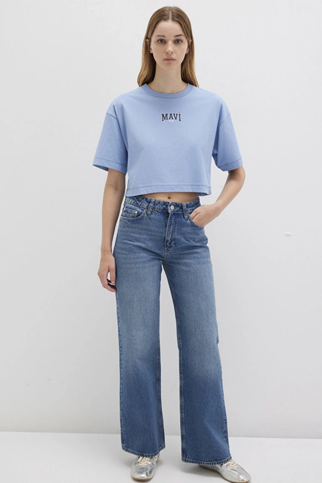 Mavi Logo Baskılı Crop Tişört Crop / Kısa Kesim