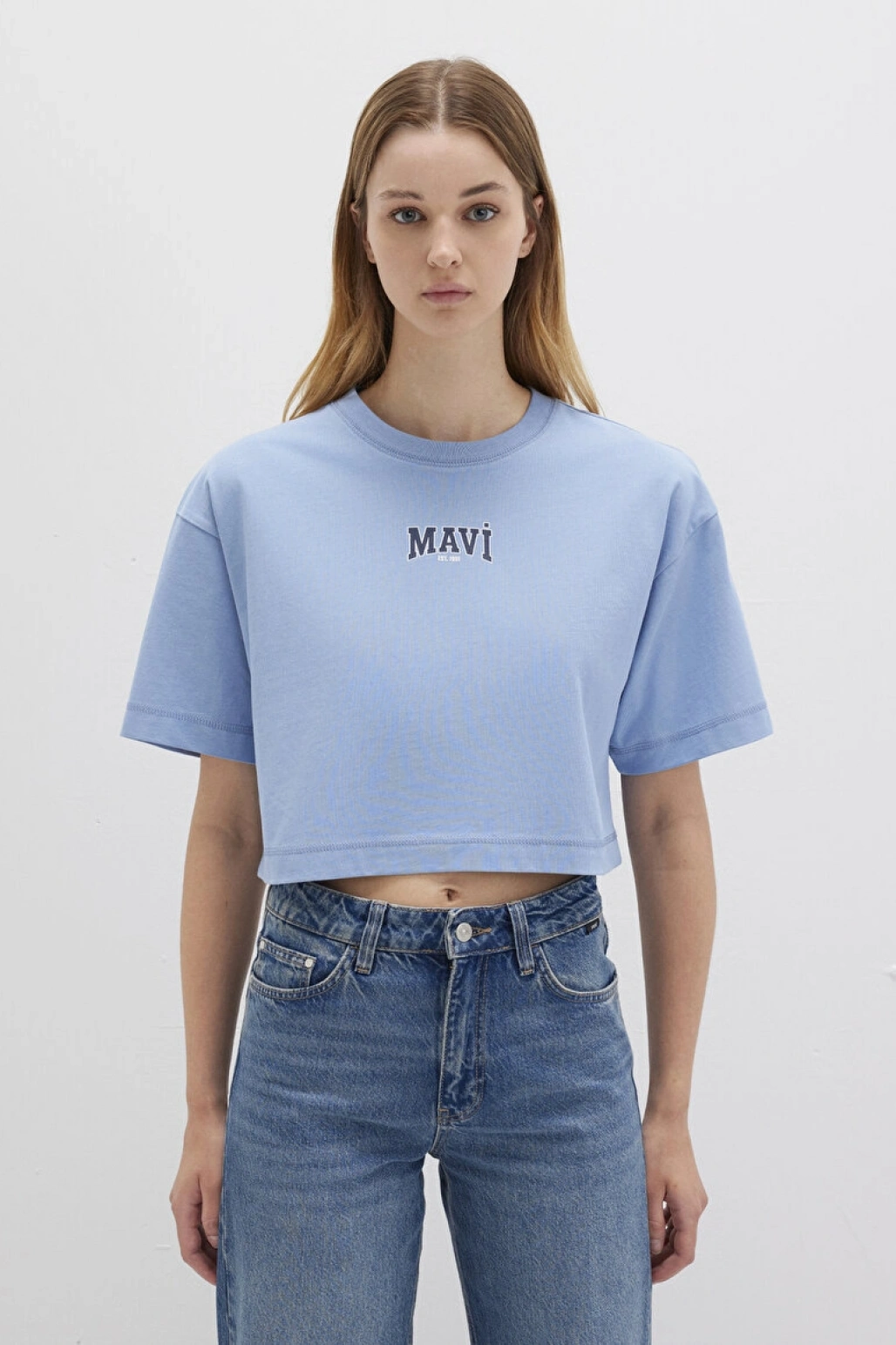Mavi Logo Baskılı Crop Tişört Crop / Kısa Kesim