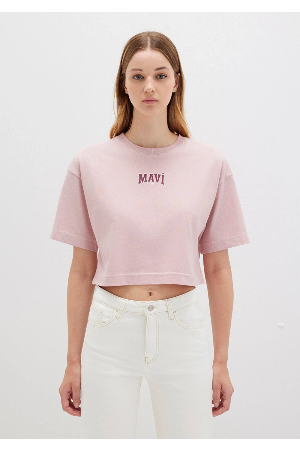Mavi Logo Baskılı Crop Pembe Kadın T-Shirt