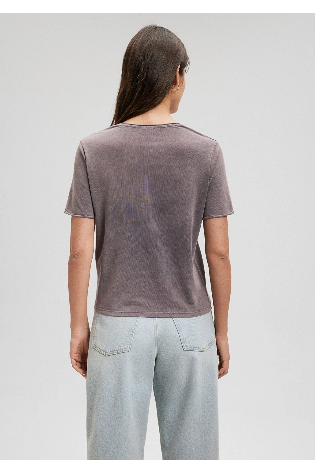 V Yaka Gri Basic Tişört Slim Fit / Dar Kesim