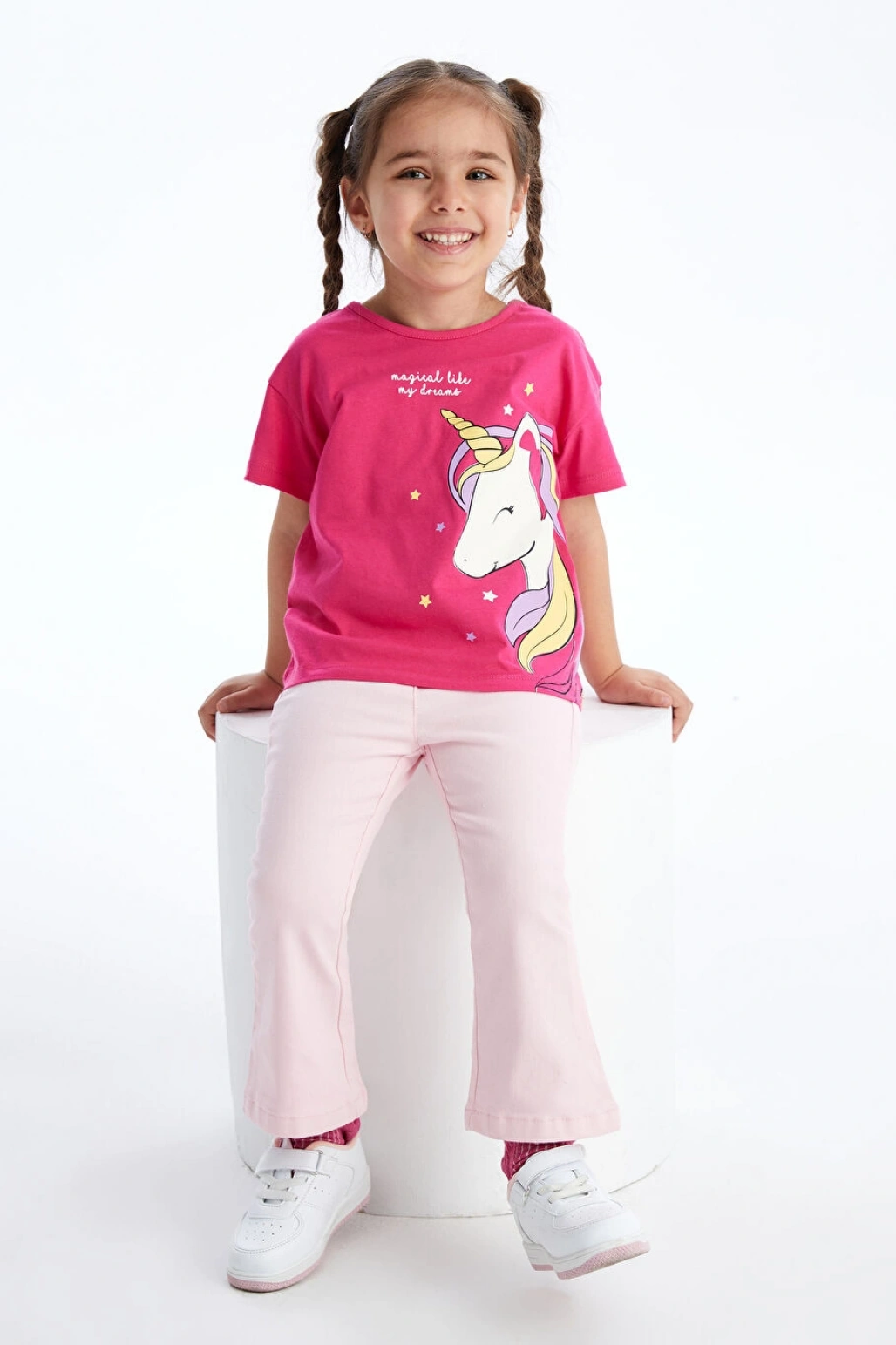 LCW Kids Fuşya Bisiklet Yaka Baskılı Kısa Kollu Kız Bebek Tişört