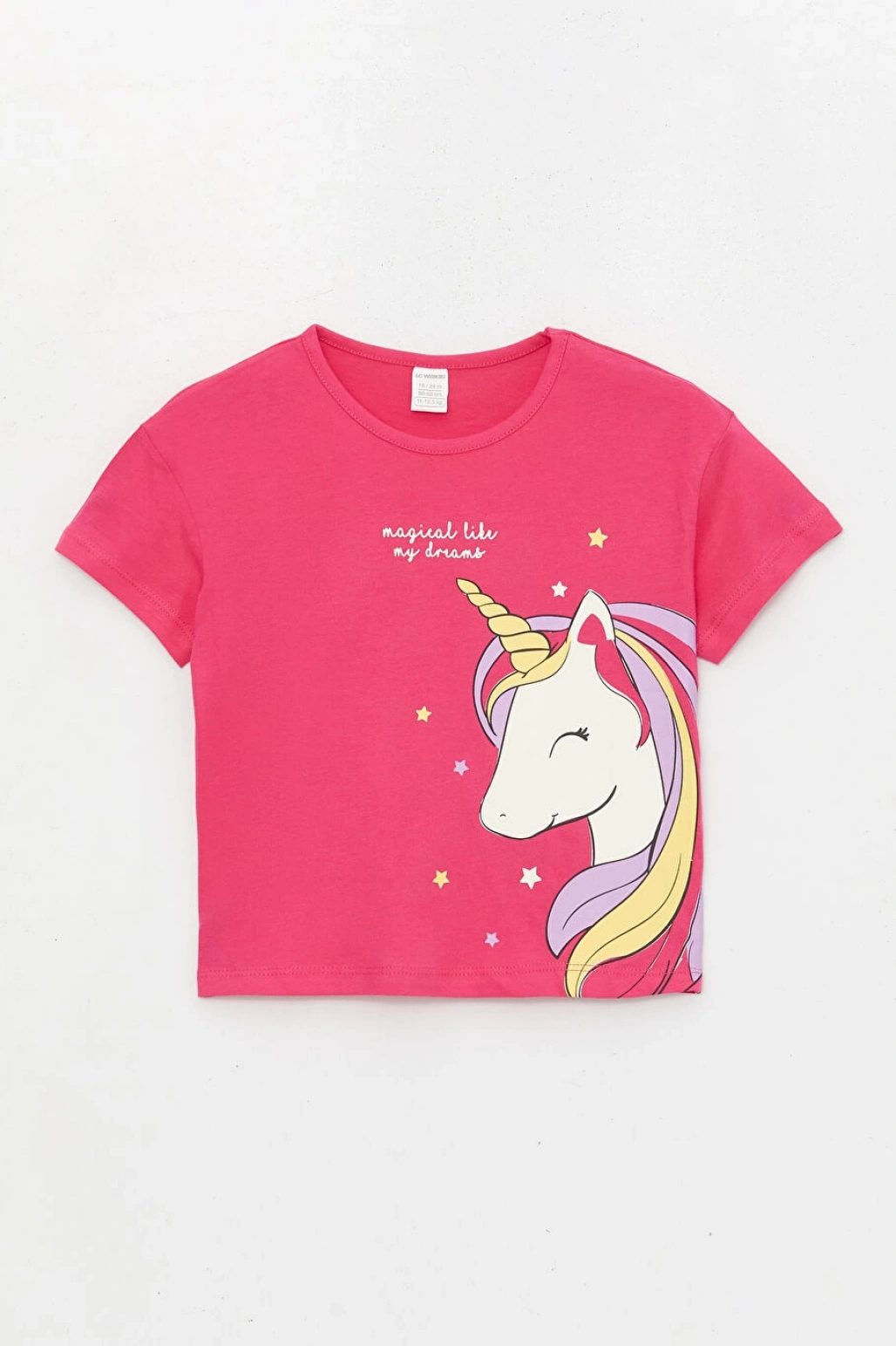 LCW Kids Fuşya Bisiklet Yaka Baskılı Kısa Kollu Kız Bebek Tişört