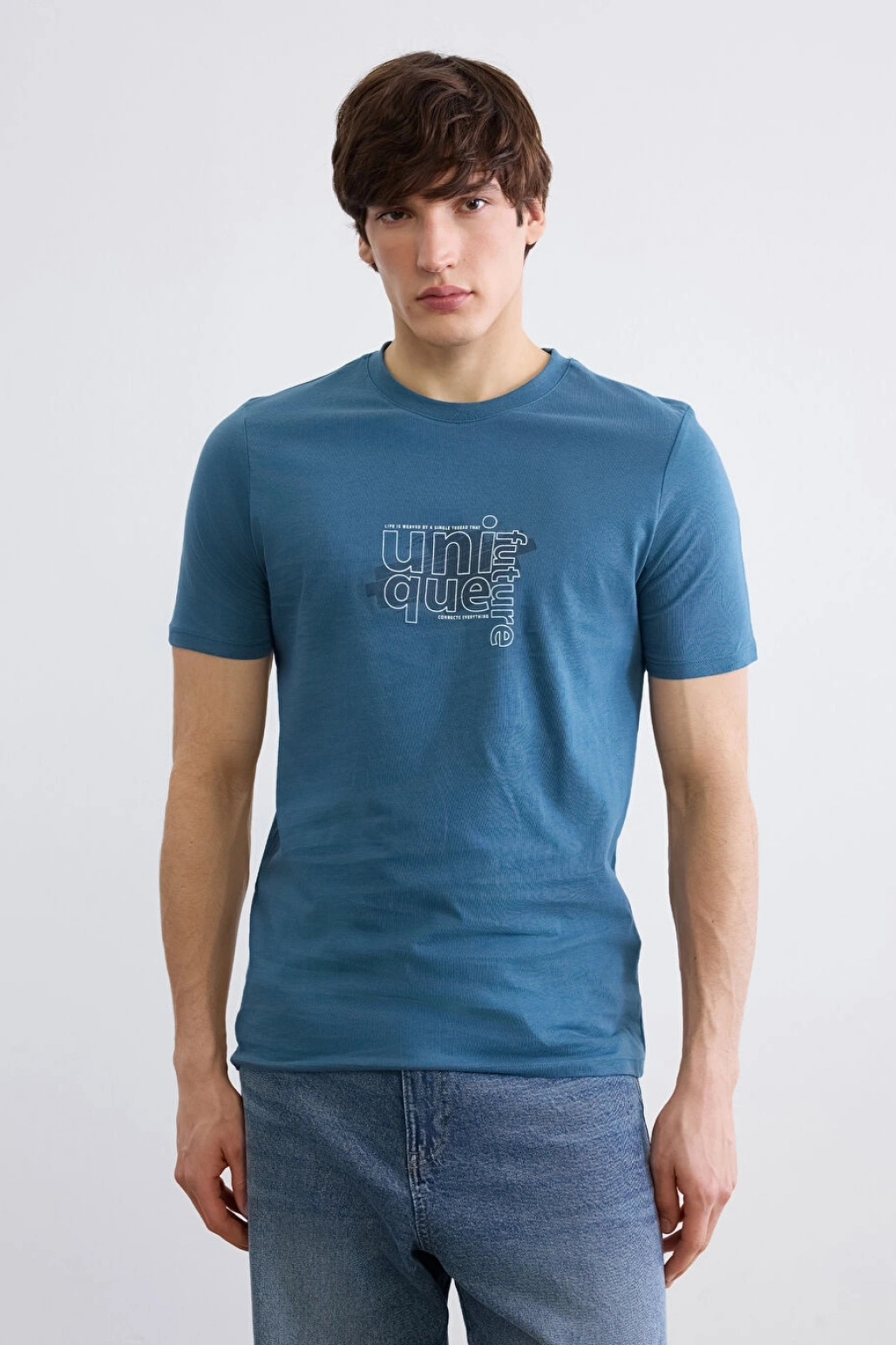 XSIDE Petrol Bisiklet Yaka Baskılı Penye Erkek Tişört