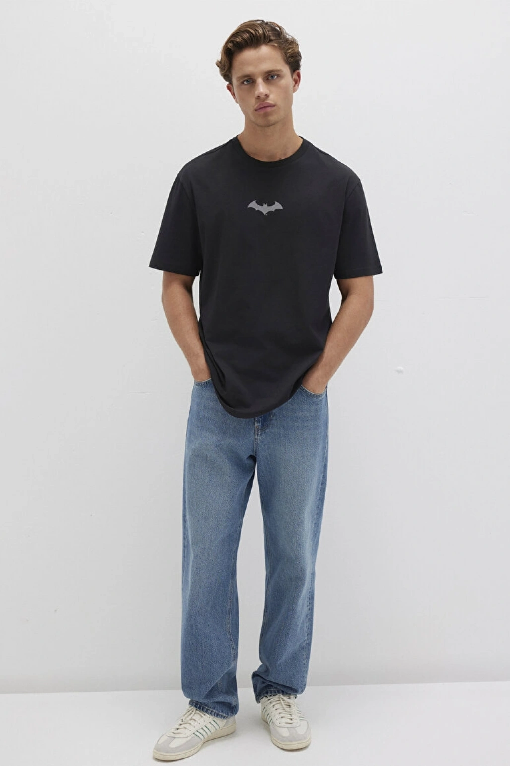 Mavi Batman Baskılı Siyah Tişört Loose Fit / Bol Rahat Kesim