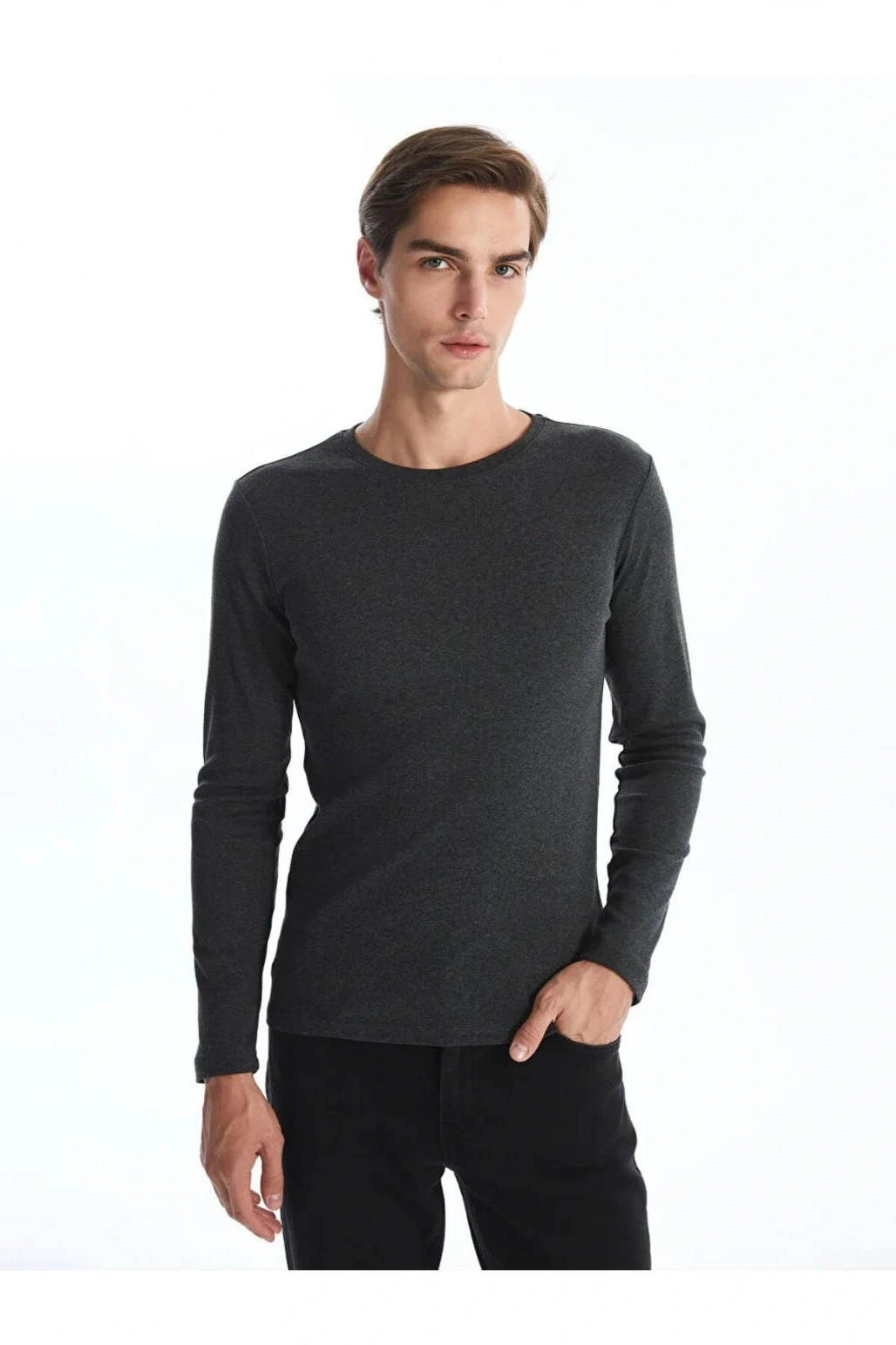 Antrasit Bisiklet Yaka Uzun Kollu Erkek Tişört