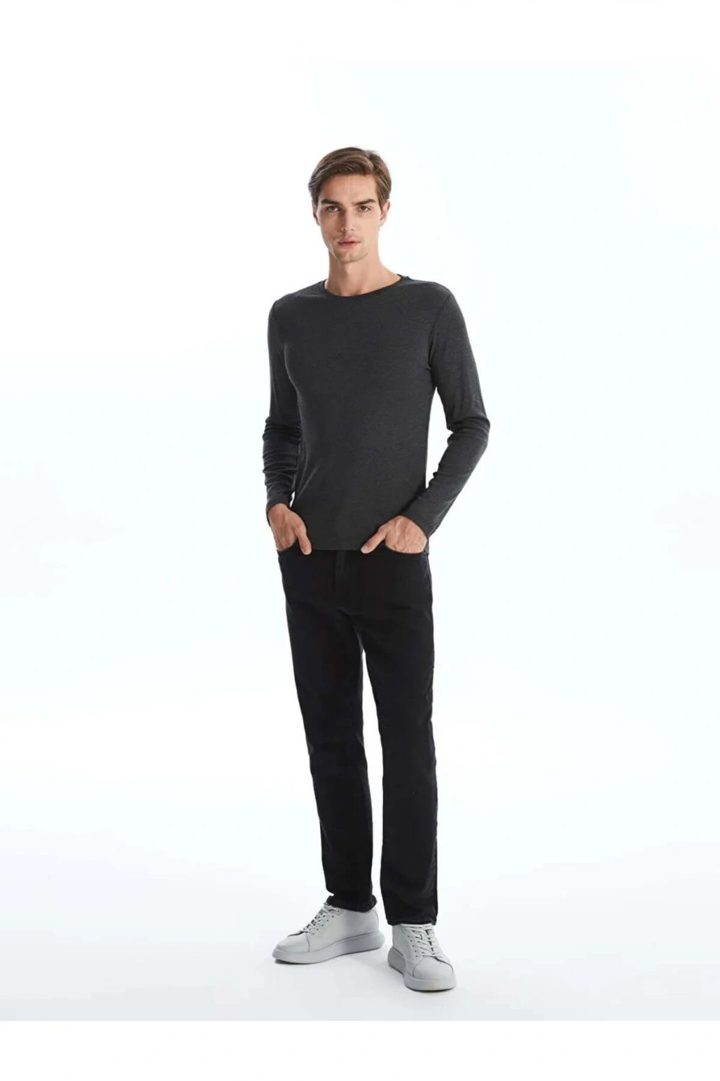 Antrasit Bisiklet Yaka Uzun Kollu Erkek Tişört