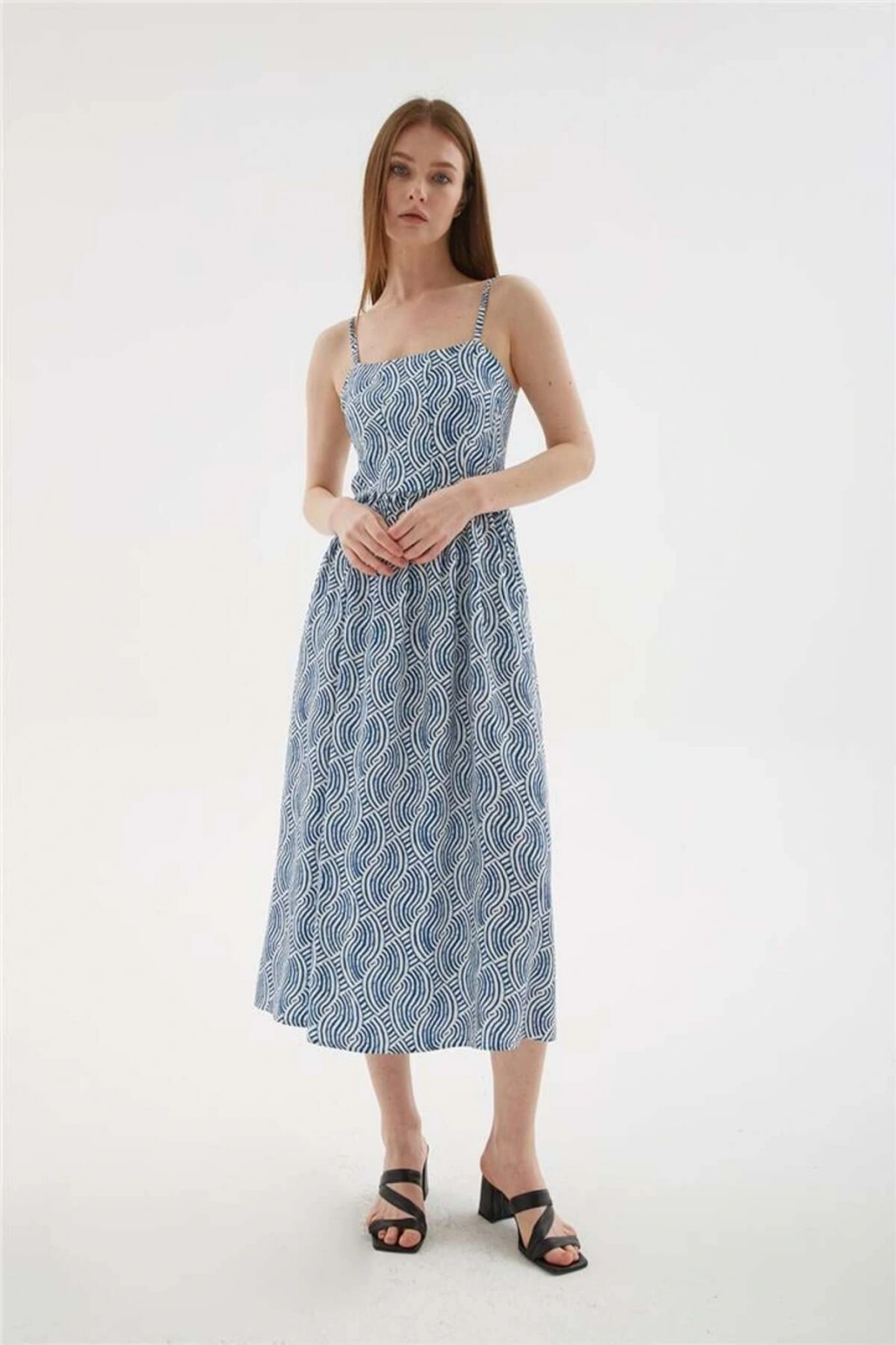 Askılı Desenli Viskon Elbise Mavi