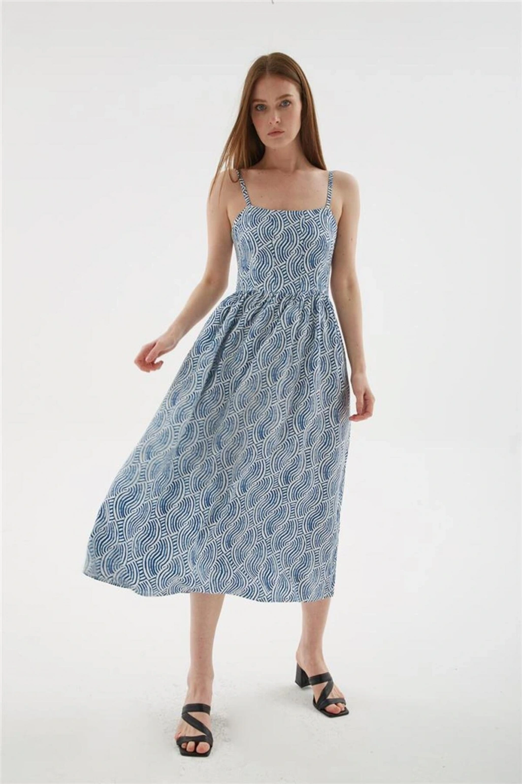 Askılı Desenli Viskon Elbise Mavi