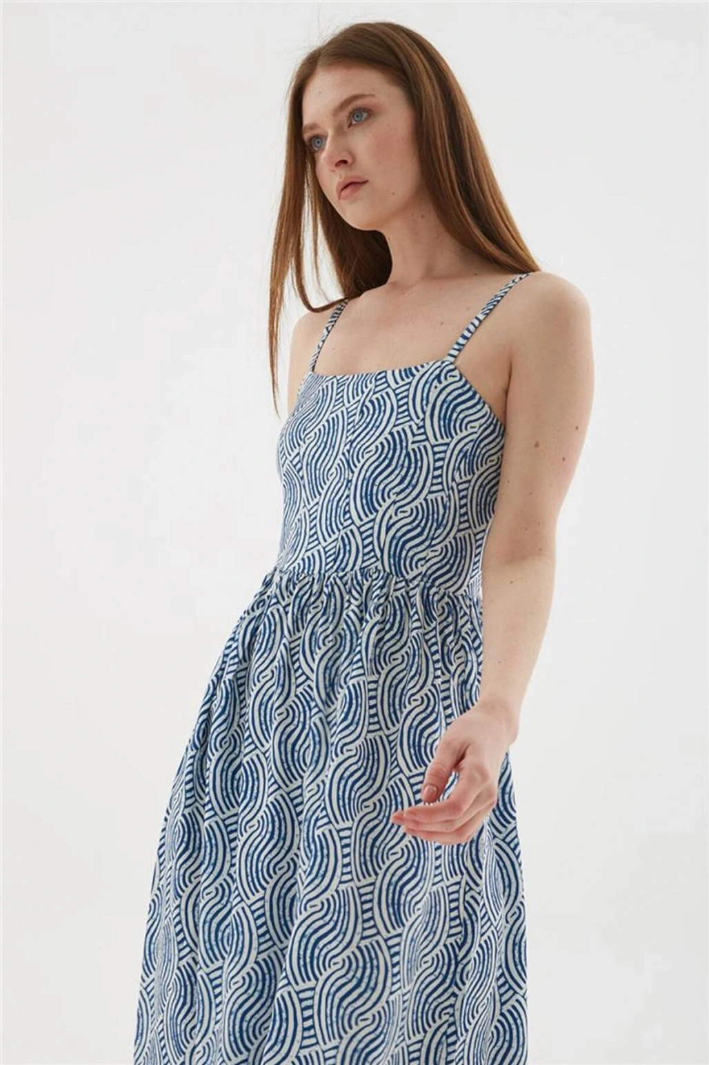 Askılı Desenli Viskon Elbise Mavi