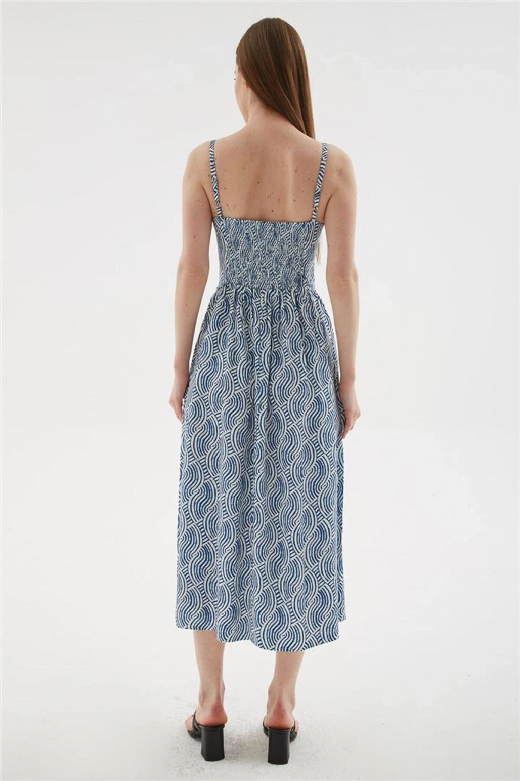 Askılı Desenli Viskon Elbise Mavi