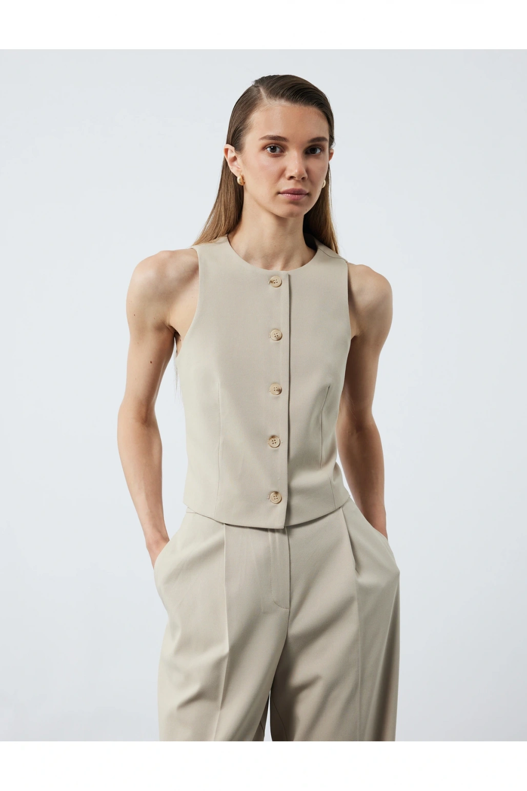 Astarlı Düğmeli Bisiklet Yaka Kolsuz Blazer Yelek