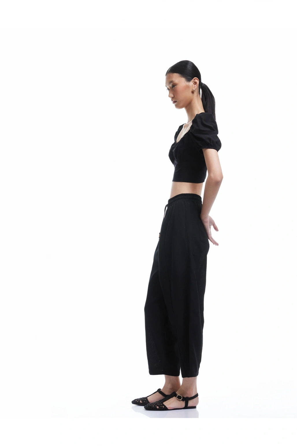 Astarlı Rahat Kalıp Beli Bağcıklı Balon Fit Keten Pantolon