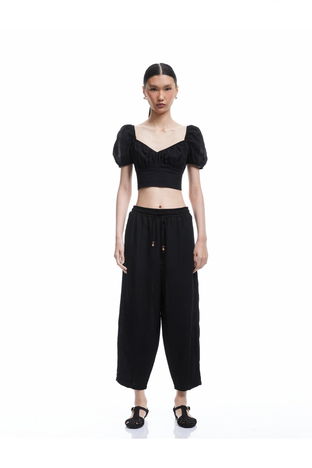 Astarlı Rahat Kalıp Beli Bağcıklı Balon Fit Keten Pantolon