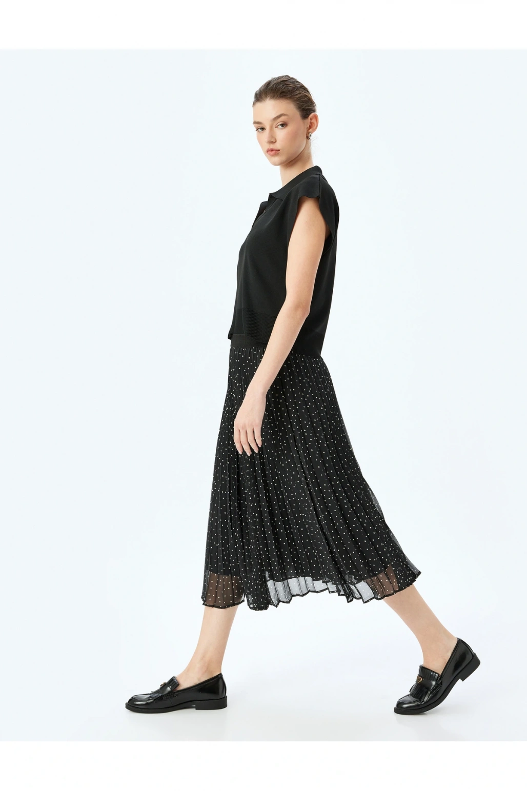 Astarlı Yüksek Bel Puantiyeli Midi Boy Pileli Şifon Etek