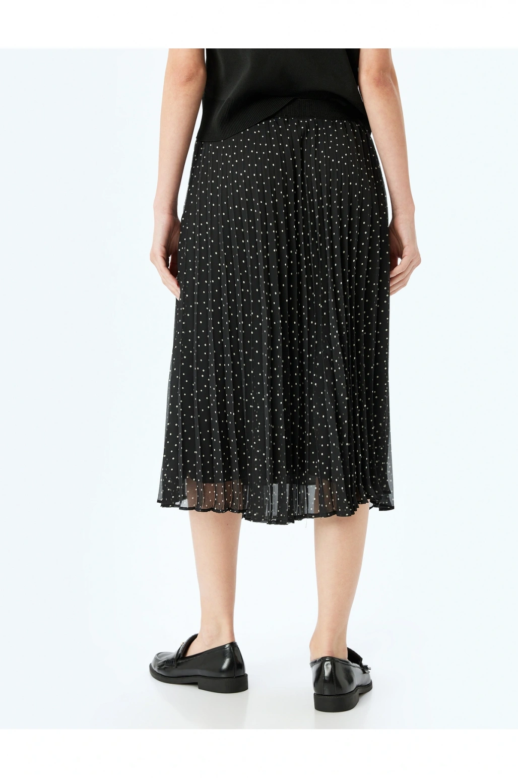 Astarlı Yüksek Bel Puantiyeli Midi Boy Pileli Şifon Etek