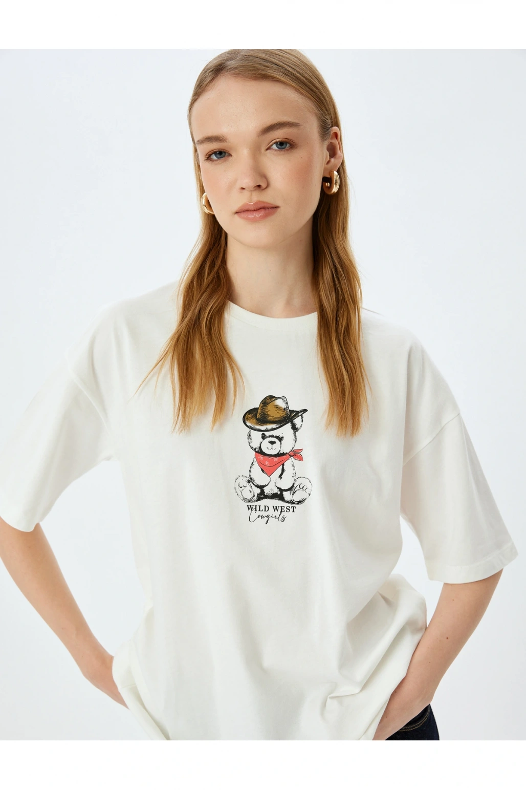 Ayı Baskılı Bisiklet Yaka Kısa Kollu Oversize Tişört